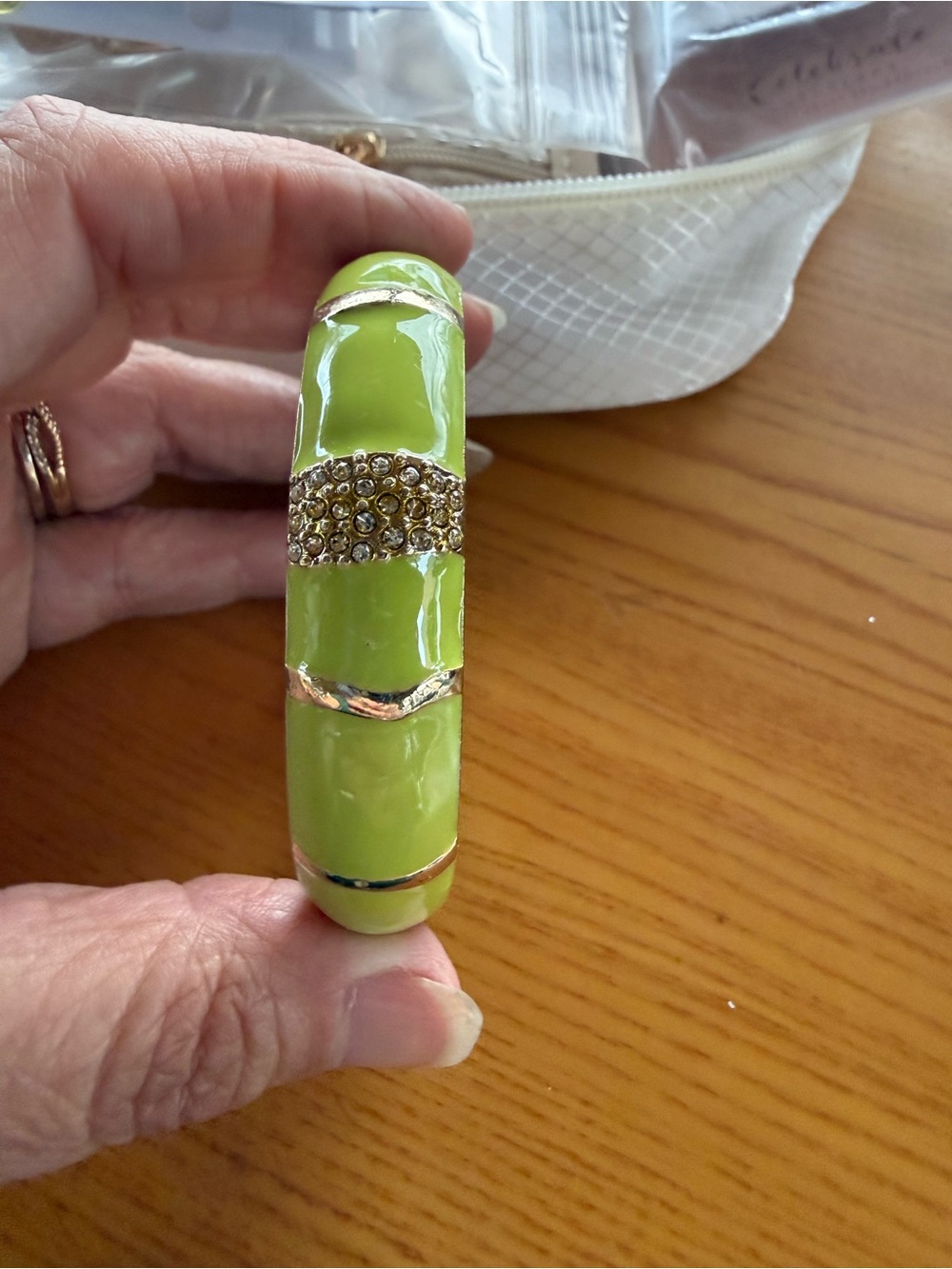 Lime Green Enamel and Crystal Accent Women's Bangle Bracelet